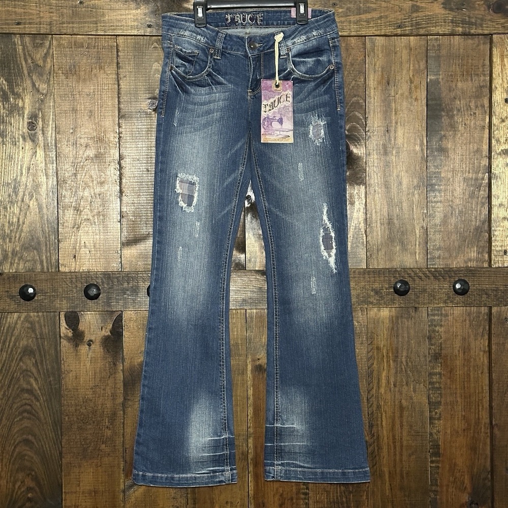 TRUCE Womens Jeans Size‎ 11 Flare Distressed Denim Plaid Patch Pockets Blue